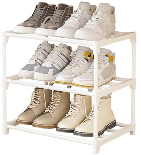 NIAWECAN Schuhschrank Schmal, Schuhregal mit 3 Ebenen, Schuhablage Metall, Stapelbars Schuhregal Weiß, Schuhregale Klein Geeignet für Flure, Schlafzimmer und Eingangsbereiche, Einfache Montage