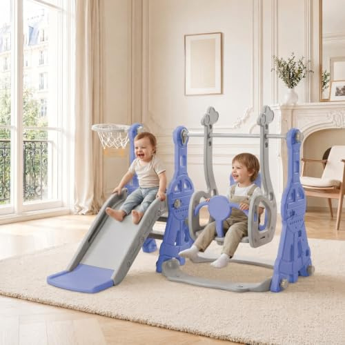Set di scivolo per bambini 4 in 1, scivolo per interni ed esterni, scivolo e altalena, con canestro da basket, scala da arrampicata, parco giochi per bambini, blu