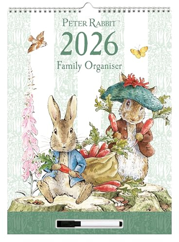 Peter Rabbit 2026 Familien-Organizer, Wandkalender | Großer 4-spaltiger Monatsplaner mit abwischbarem Notizbereich, Stift & Aufhängeschlaufe | Beatrix Potter Design