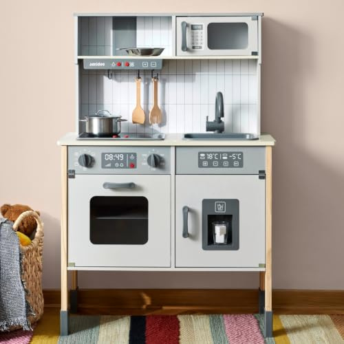 Jeridoo Ensemble de cuisine en bois avec four lumineux, micro-ondes, machine à glaçons, jeu de simulation pour les tout-petits de 3 à 6 ans.