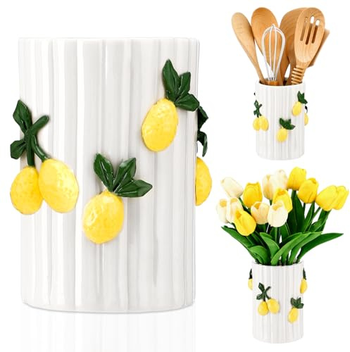 LemonRoad Lemon Kitchen Decor Ceramic Utensil Holder | 3D Handmade Lemon Cooking Utensil Crock with Scalloped Edge, Preppy Storage Caddy Organizer Vase Decor, Christmas Kitchen