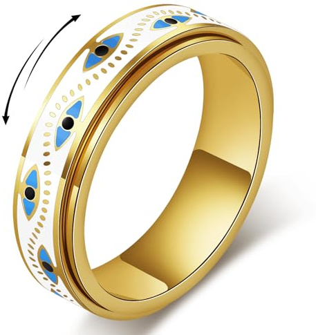 YellovEvey Evil Eye Fidget Ring for Women - Anxiety Relief Spinner Jewelry,18K Gold Plated Stainless Steel Turkish Ojo Turco Protection Rings Gift for Adults (Gold, 8)