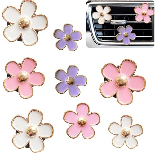 12 pezzi di deodorante per auto a forma di margherita, decorazione per bocchette di ventilazione interne per donne, clip per bocchette di ventilazione, accessori per auto (viola, rosa, bianco)