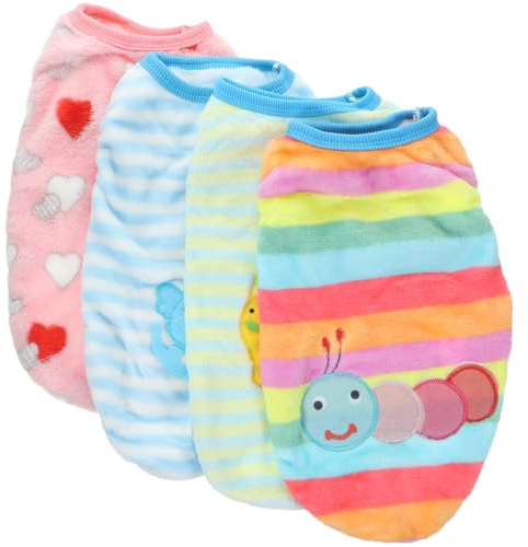 TOKIDNY 4Pcs Small Dog Flannel Vest Warm Pet Clothes Cartoon Teacup Puppy Dog Cat Costume Heart, Caterpillar, Rocking Horse, Snail Patterns, Size L