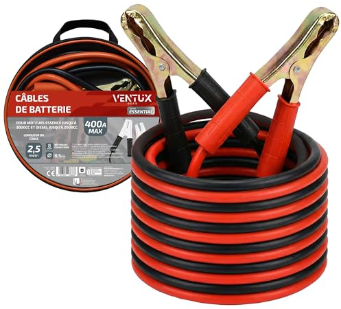 Câbles de Batterie Ventux Gear 400A – 2,5m, Pinces Démarrage Voiture Essence Jusqu’à 3000cc et Diesel 2000cc, Câbles Booster Robustes
