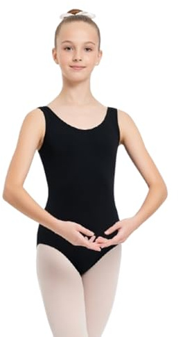 NuJake Kids Black Sleeveless Leotard Cotton-Rich Stretch Dance & Gymnastics Bodysuit, Ages 3–13