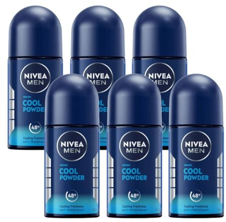 Nivea Men Cool Powder Roll-On Anti-Perspirant Deodorant 50ml - 48H Protection, Aluminum-Free Fresh Scent, Long-Lasting Odor Control for Active Men, Travel Size Body Care, 6-Pack