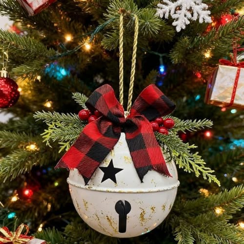 Cascabeles de metal de Navidad con bayas de acebo y lazo a cuadros para decoración de temporada, diseñado para producir un sonido festivo transparente (blanco)