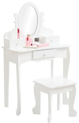 BouPower Kids Vanity Set with Adjustable Mirror & Stool,Wooden Toddler Vanity Set with Drawers,Pretend Makeup Dressing Table for Little Girls, White