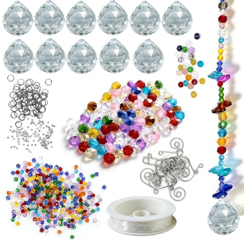 GAGAMOTEYA 12 Stück 30mm Sonnenfänger Kristalle mit 468 Facettierte Perle | Suncatcher Deko Anhänger mit Glasperlen, Bastelset zum Basteln für Fensterdekoration, Gartenfensterdekoration