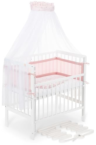 FabiMax Boxspring Baby Beistellbett Flex 90x55 Komplettset, aus Buchenholz weiß lackiert, mit innovativem verstellbarem Seitengitter, passend für Boxspringbetten (Rosa Blümchen, Comfort 90x5)