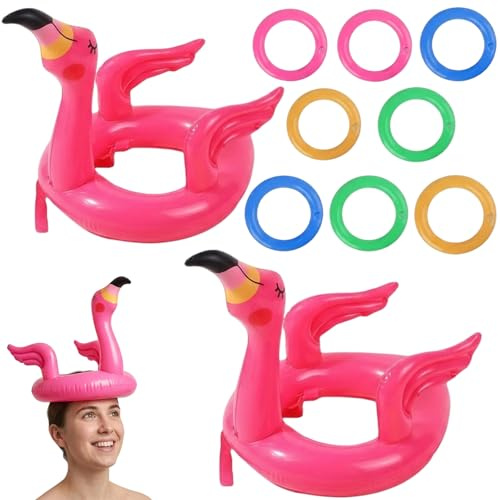 Flamingo Schwimmring Poolparty Set, Aufblasbare Ringwurfspiel für Wasseraktivitäten, 2 Sets mit 8 Ringen in Pink, 35 x 32 cm Größe
