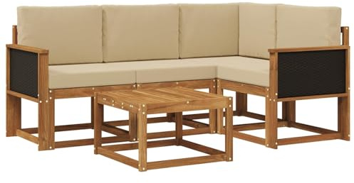vidaXL Outdoor-Sofagarnitur mit Kissen 5 pcs Natur und Beige Polyester, Gartenmöbel, modernes Loungesofa, Eckset für die Terrasse, Robustes Sitzmöbel für drinnen und draußen