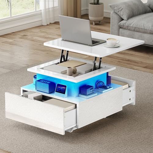 DWVO Couchtisch mit LED, höhenverstellbar, modern weiß hochglänzend, mit Stauraum & Schubladen für Wohnzimmer, 60x60x45-58 cm
