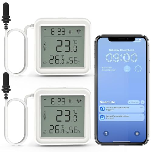 DAYTECH WiFi Thermometer Hygrometer Smart Freezer Alarm 2PC | Room Temperature and Hygrometer Monitor, App Alerts and Clear Digital Display, for Home/Restaurant/Office, No Hub Required