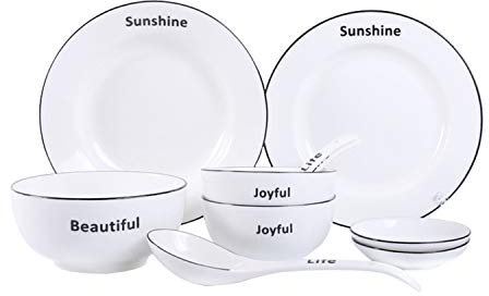 XCXDX Set di Posate in Porcellana Semplice Linea Nera, Piatto di Zuppa con Piatto di Pesce, 10 Pezzi, Servizio per 2 Persone