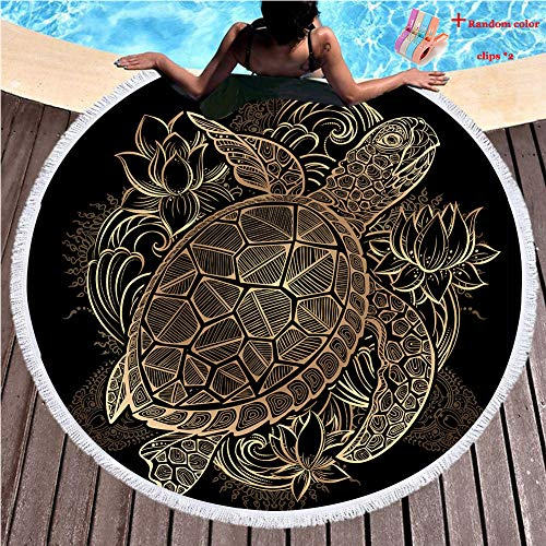 Serviette de Plage Ronde, Morbuy Mandala Drap de Plage la Tapisserie Châle Yoga Mat Nappe Tapis de Pique-NiqueTenture Housse de Canapé 150cm en Tissu éponge Ultra-Doux, Motif Tortue d'or