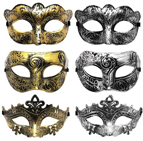 VKI® Greco romersk mask för män, vintage antik maskerad ansiktsmask, för venetiansk halloween karneval kostym, 3 guld + 3 silver
