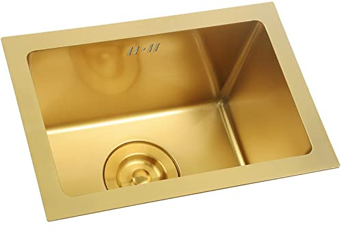 Kitchen Sinks Gold Bar Prep Sink Mini Trumpet 15 x10 Inch Rectangular Stainless Steel RV Utility Sink with Golden Drain Strainer Stopper, Single Bowl Undermount or Drop-In