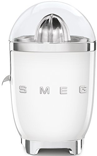 Smeg CJF01WHUK Retro 50's Style Citrus Juicer with Lid, Stainless Steel Reamer and Strainer, Anti-Drip Spout, White