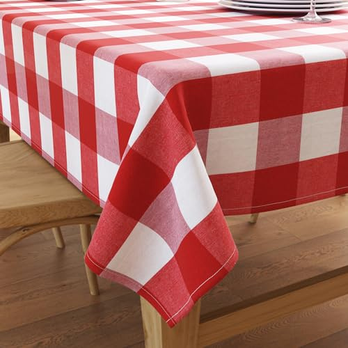Encasa XO Baumwoll Tischdecke Rechteckig, Outdoor 140x240 cm | Büffelrote Karos, Maschinenwaschbar | 200 GSM Garngefärbt | Tischschoner | Pflegeleicht | Küche & Esszimmer