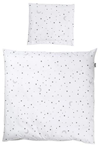 roba Parure de Lit Bébé Réversible Sternenzauber Grau - 2 Pièces 100% Coton - Housse de Couette 80 x 80 cm + Taie d'Oreiller 40 x 35 cm - Imprimée Étoiles et Lune