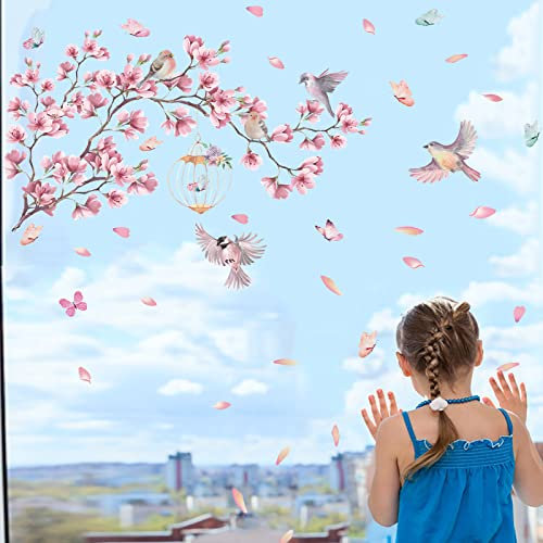 KAIRNE Vögel Fenstersticker,Schmetterling Fensteraufkleber,Rose Blumen Wandtattoo Sticker,DIY Pflanze Wandtattoo Vögel Baum,Aquarell Blumen Fensterbild Aufkleber für Wohnzimmer Schlafzimmer Wanddeko