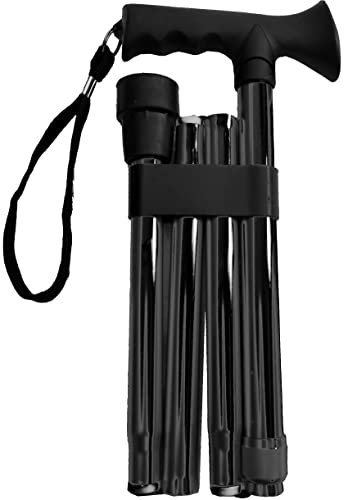 Essential Products Deluxe 4-Part Folding Adjustable Aluminium Metallic Compact Walking Stick Cane for Men, Ladies and Women with Soft Grip Gel Handle – 33.5'' – 37.5'' (Black)