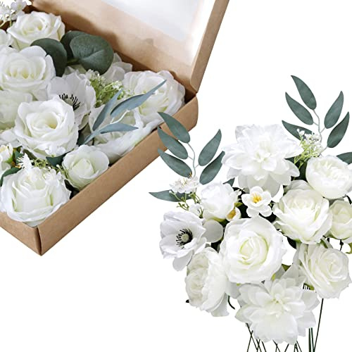 Fouriding Künstliche Blumen, Kunstblumen Gefälschte Rosen Combo DIY für Blumenarrangements, Blumensträuße, Hochzeitsdekoration,Zuhause Dekoration (Weiß)
