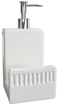 Karisky Küche Spülmittelspender 2 in 1 Keramik Seifenspender mit Schwammhalter für Küche Spüle, Matt-Weiss