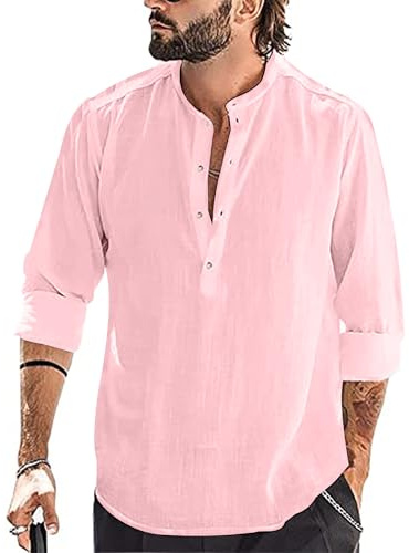 YAOBAOLE Skjortor för män skjorta långärmad herr bomull linne skjorta Henley-tröja passform fritidsskjorta skjortor, 01 rosa, XL