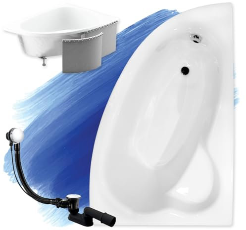 BADLAND Badewanne Original Weiß Acryl Wanne Eckbadewanne NATALIA 150x100 Rechts KOMPLETTSET SET mit Premium Styroporverkleidung + Füßen und Exklusive Chrom Automatik Ablaufgarnitur Made in EU 4in1