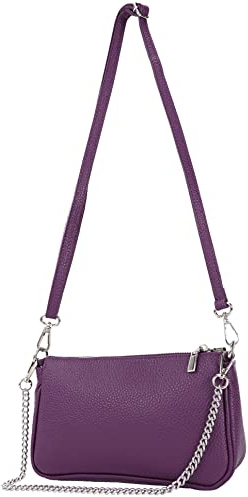 modamoda de T237 Borsa a tracolla in pelle, con catena in argento e tracolla regolabile, 22 x 14 x 5 cm, fatta a mano in Italia, Lilla, S