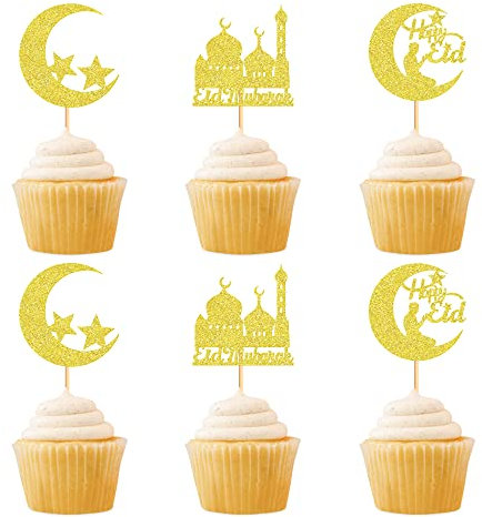 Cyodoos 24 Stück Eid Mubarak Cupcake-Topper Happy Eid Mond Star Ramadan Kareem Cupcake Picks für Eid Islamische Muslimische Themenparty Kuchen Dekorationen Zubehör – Gold Glitter