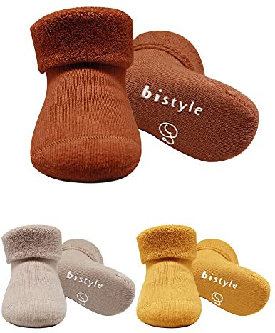 bistyle Baumwolle 3 Paar Baby Socken für Neugeborene Anti Rutsch Dicke Manschette | Nahtlose Babysocken | Jungen Mädchen Kleinkind Socken (as3, age, 2_years, 3_years, Braun)