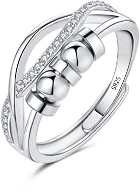 Loutade Silber Anxiety Rings, 925 Sterling Silber Damen Angst Ring, Offen Einstellbar Silber Fidget Ring Dekompressionsringe, Unisex Unendlichkeit Stressring Zappelring Achtsamkeitsring mit Perlen