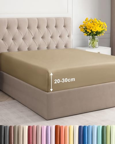 Spannbettlaken 180x200cm Beige - Extra Tiefes Spannbetttuch für Matratzen & Boxspringbett bis 30cm (12) Höhe - Mikrofaser - Weiche Gebürstete - Knitterfrei, Schrumpf- & Farbbeständig - Oeko-TEX