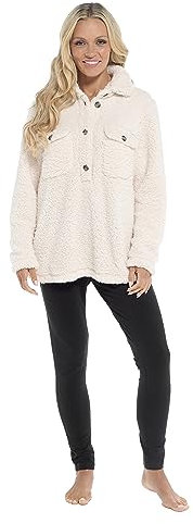 Daisy Dreamer Womens Pyjama Set Sherpa Top and Leggings Warm Winter Pjs Casual Loungewear Cosy 2 Piece Sets, Cream Small