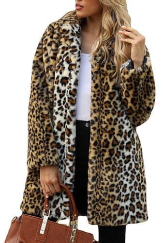 TOPONSKY Womens Winter Warm Lapel Faux Fur Fuzzy Coat Jacket Overcoat, Cd Leopard Brown, X-Large