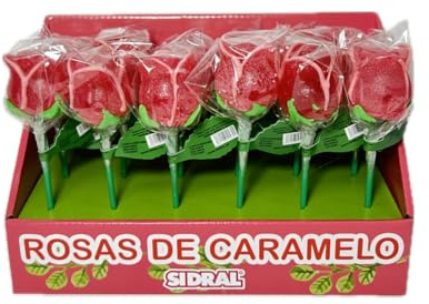 SIDRAL .18 Rosas Caramelo duro Sabor Fresa (45 g) – Piruletas, Chuches San Valentín, Kit de Chuches Sin Gluten, Regalos Parejas (CARAMELO)