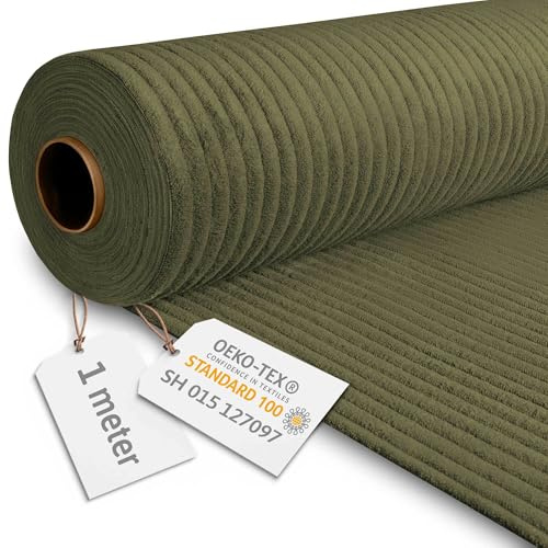 DreamRoots Cord tyg, metervara, vikt 380 g/m2 – klädseltyg, snöre, 140 cm brett – möbeltyg, mörk oliv, 1 m