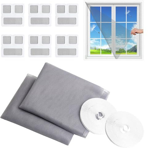 2 Invisible Fly Screens for Windows, Window Screen Mosquito Netting Fiberglass, 130x150CM Grey Adjustable Window Fly Screen with 6 Repair Subsidies and 2 Rolls Tapes Keep Out Bugs/Flies