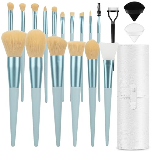 Set di 20 pennelli da trucco con fondotinta, sopracciglia, correttore, fard, ombretto, contouring, ciglia, cipria, kit da viaggio con custodia e 2 spugnette per cipria, blu chiaro