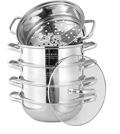 28/30 cm Fünfschichtiger integrierter Dampfgarer aus Edelstahl Dampfgarer Topf Mit Glasabdeckung Dampfkocher Dampfkochtopf Geeignet für Haus Restaurant Hotel etc (Silber, 28cm)