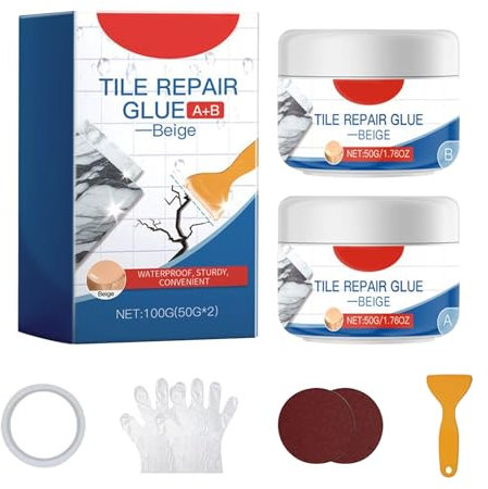 Kit de réparation de carrelage 100 g - Étanche - Colle de réparation pour carrelage - Pour réparer les rayures, les trous et les fissures - Pour lavabos et baignoires (beige, 1 lot)
