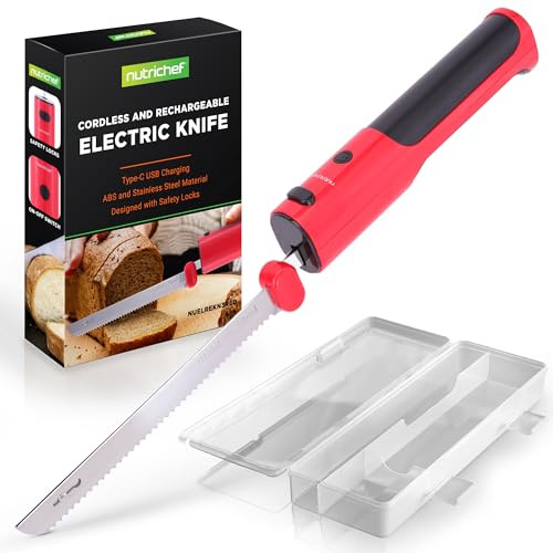 NutriChef Coltello Elettrico da Cucina Senza Fili, Lama Acciaio Inox 29 cm, Coltello Elettrico Leggero e Facile da Usare, Funzione Sicurezza ON/OFF, per Carne, Pane e Formaggio, Rosso