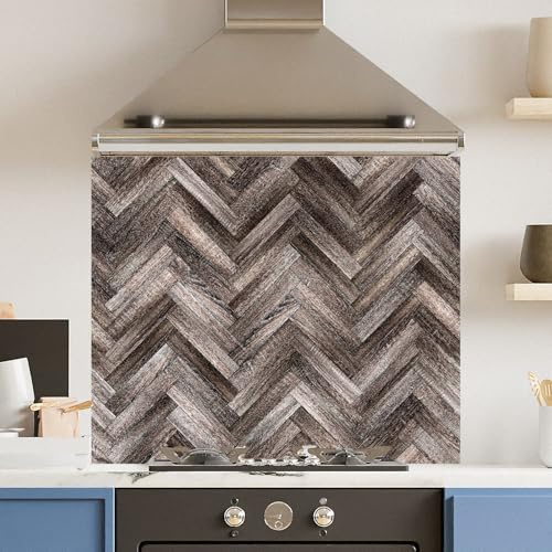 Toughened 6mm Glass Kitchen Splashback 90 x 75cm Herringbone Wood - Polished Heat Resistant Back Splash for Cookers Hob