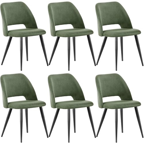 WAFTING Esszimmerstühle aus Cordstoff mit Dickem Schwamm,6er Set,Grün | Mit dickem Schwamm gepolstert, separaten Metallfüßen, Moderner Polsterstuhl für Esszimmer, Wohnzimmer, Schlafzimmer,Empfang