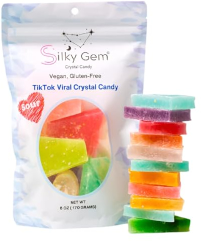 Silky Gem TikTok Viral Crystal Candy, Vegan and Gluten-Free, Sour Assorted Flavours, Rainbow Colours, 170g (6 Oz) Resealable Pouch