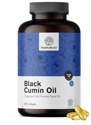 HealthyWorld® Schwarzkümmelöl 1000 mg - 360 Weiche Kapseln - Aus Ägyptischen Samen - Hoher Gehalt - Jahresvorrat - Vegan - Ohne Allergene und Künstliche Aromen